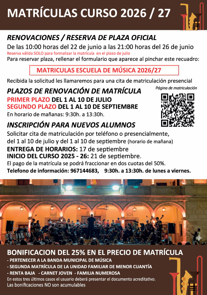 Página de matriculación del folleto MATRÍCULAS CURSO 2026 / 27